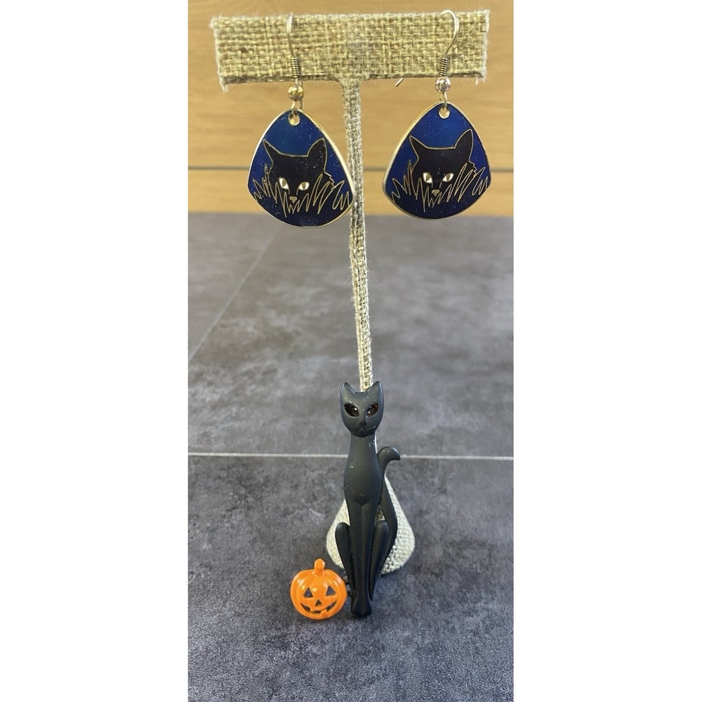 Discovery VTG Black Cat Dangle earrings w/ Black Cat Orange Jewel eyes Broach
